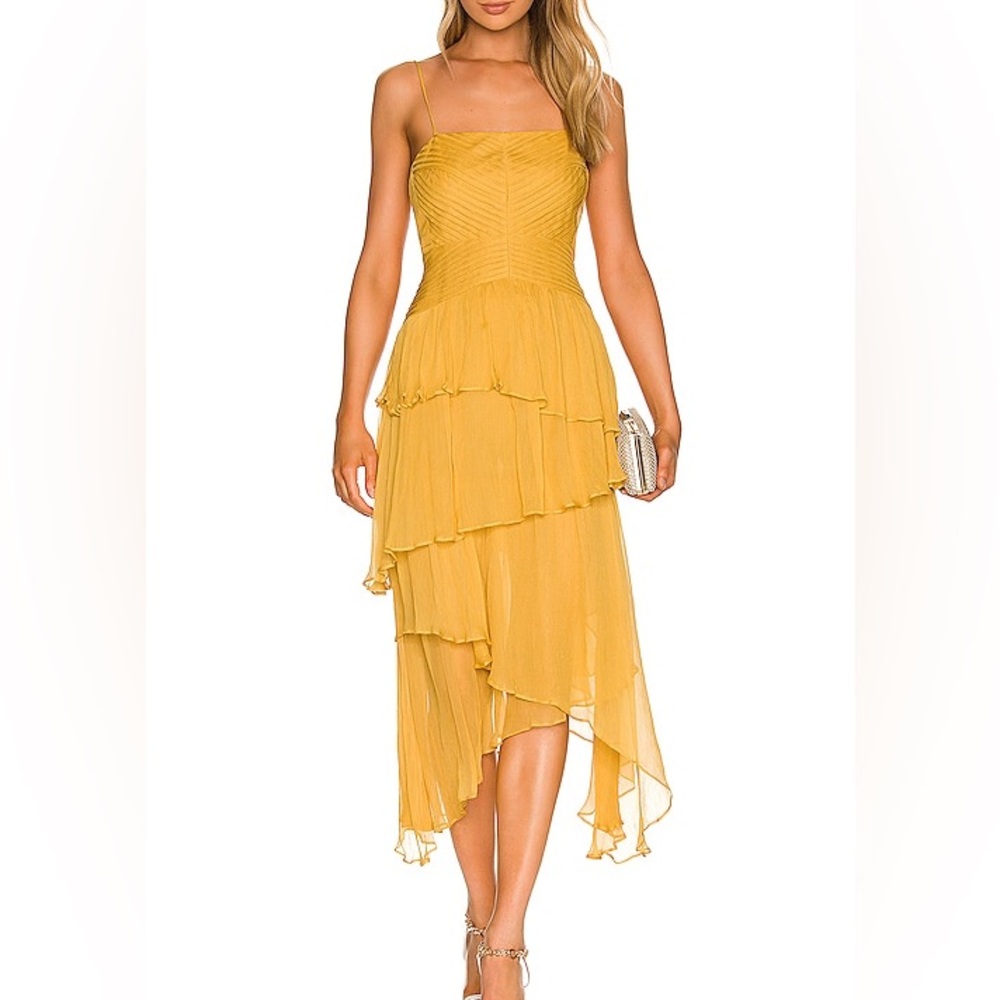 Shona Joy Iris Pin Tuck Frill Midi Dress in Saffron Yellow Size 6